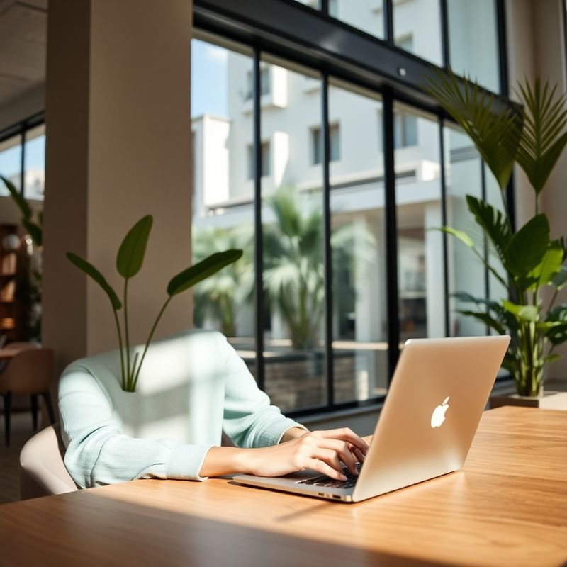 Profissional brasileiro escrevendo um e-mail em um espaço de coworking iluminado em Belo Horizonte