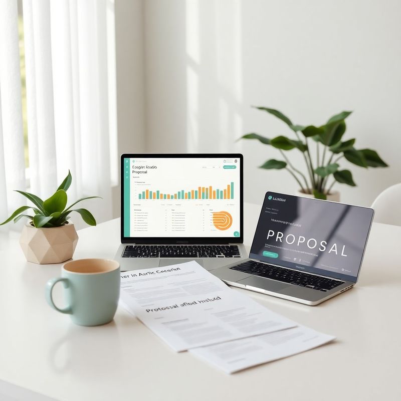 Mesa de escritório com proposta impressa, café e laptop exibindo um dashboard do Looker Studio