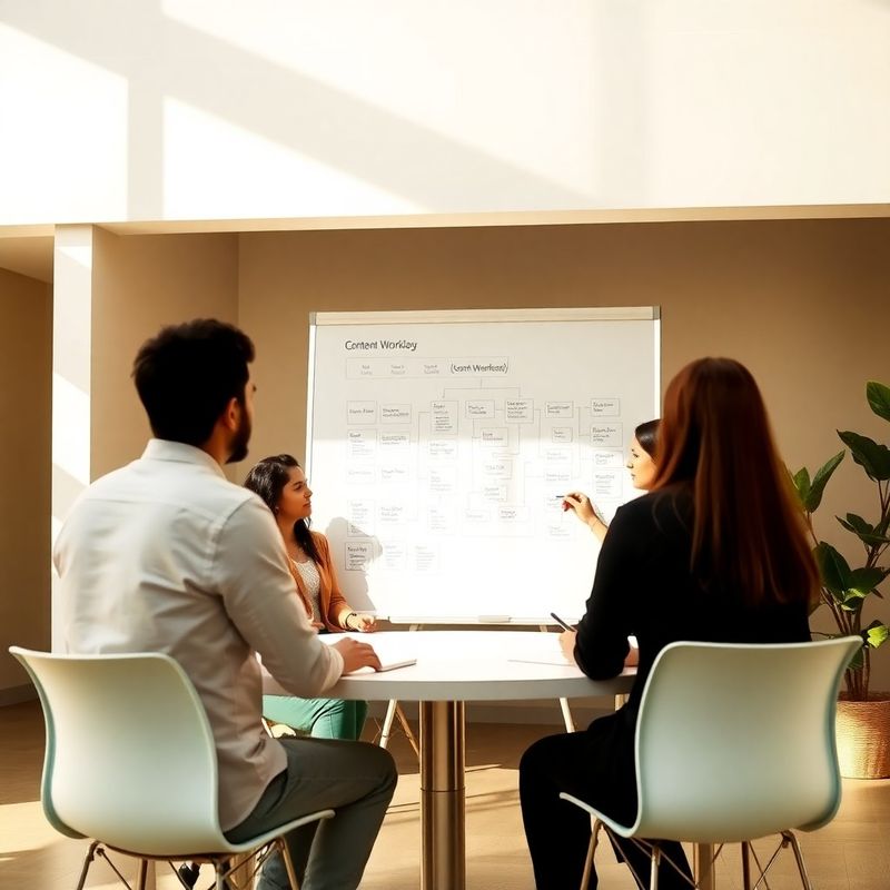 Equipe brasileira em workshop em frente a um quadro branco com diagramas de fluxo editorial