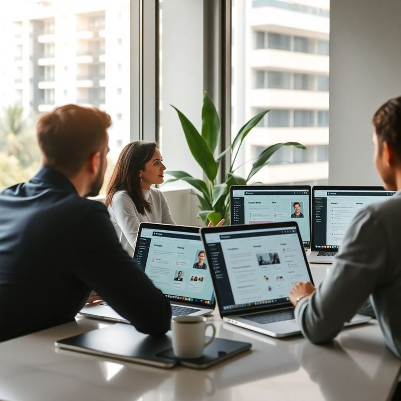 Sessão de onboarding com equipe brasileira de conteúdo, telas de laptop mostrando pipelines no Notion